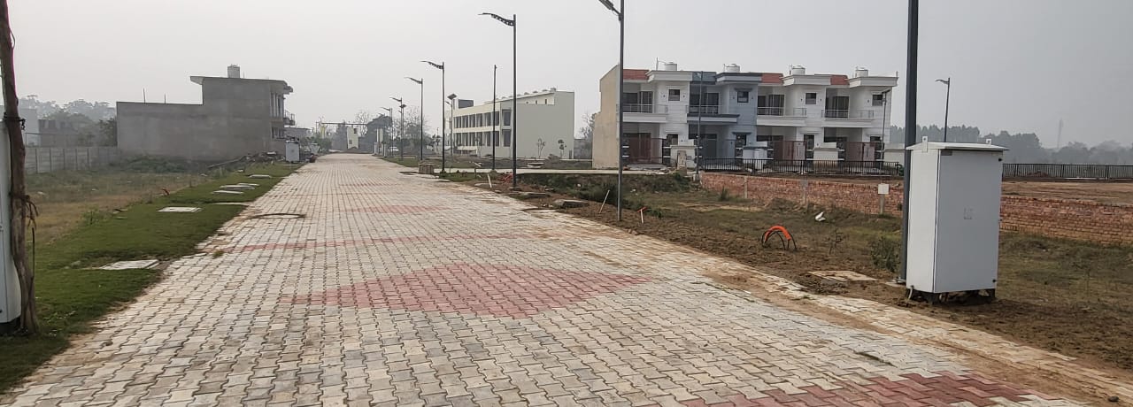 Paved road with streetlights leading to newly constructed residential buildings.